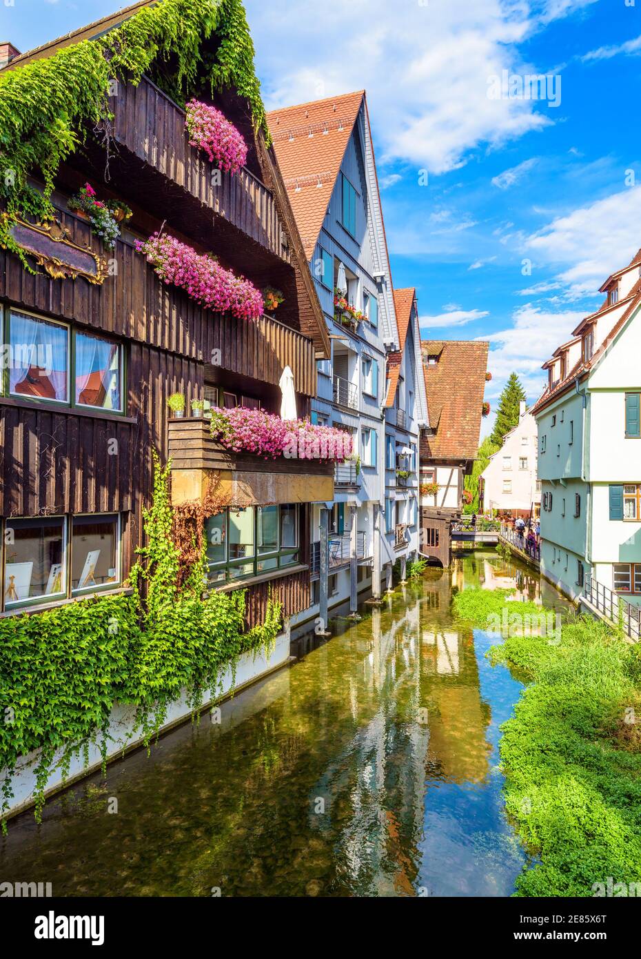 Old street in Ulm city, Germany. Nice view of beautiful houses in historical Fisherman`s Quarter. This place is famous landmark of Ulm. Scenery of anc Stock Photo